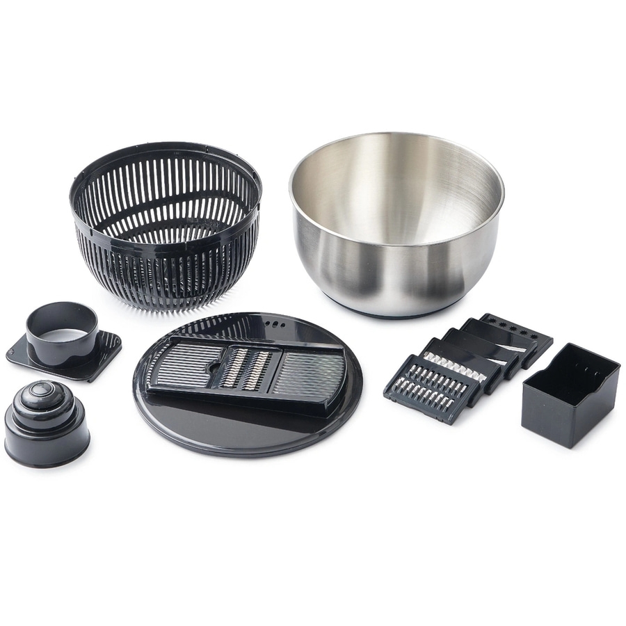 Salatschleuder mit verschiedenen Aufsätzen und Schüssel, schwarz und silber