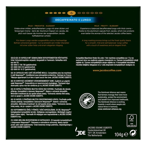 50x Jacobs Kaffeekapseln Lungo 6 Decaffeinato Nespresso®* kompatibel