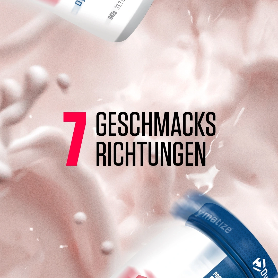 Der Aufdruck zeigt 7 Geschmacksrichtungen auf dem Hintergrund von cremiger Flüssigkeit.