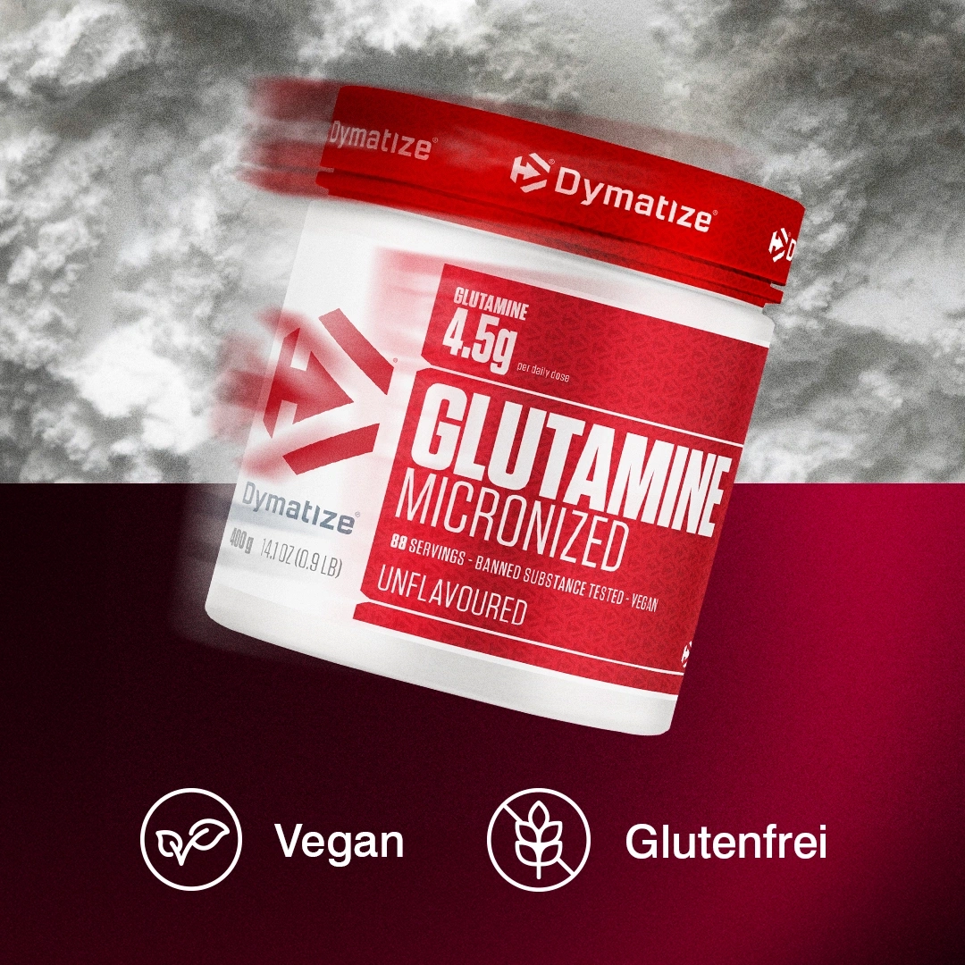 Dymatize Glutamin Micronized Unflavoured im Behälter mit Vegan und Glutenfrei Symbolen.