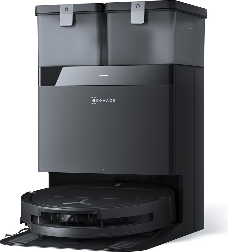 Schwarzer Roboter-Staubsauger mit Ladestation und ECOVACS-Logo. Modernes Design.