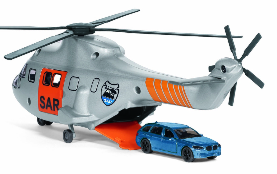 Spielzeug Hubschrauber mit blauem Auto, SAR-Logo, silber und orangefarben