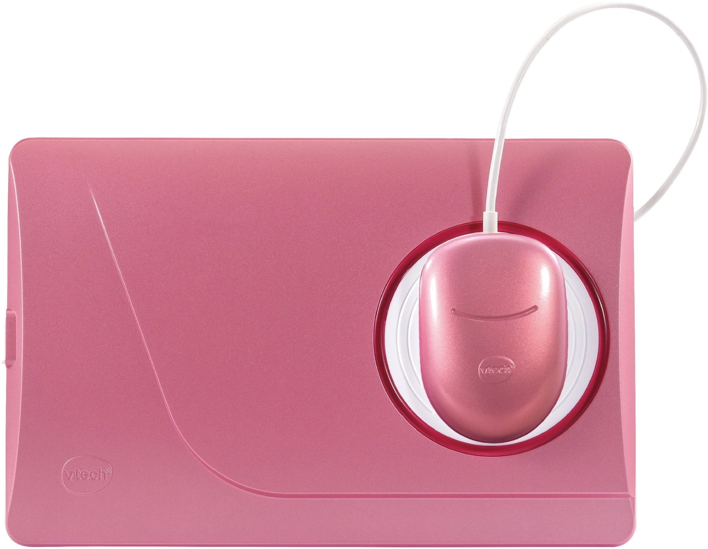 Rosa Spielzeug-Laptop mit Maus und weißem Kabel, Vtech-Logo.