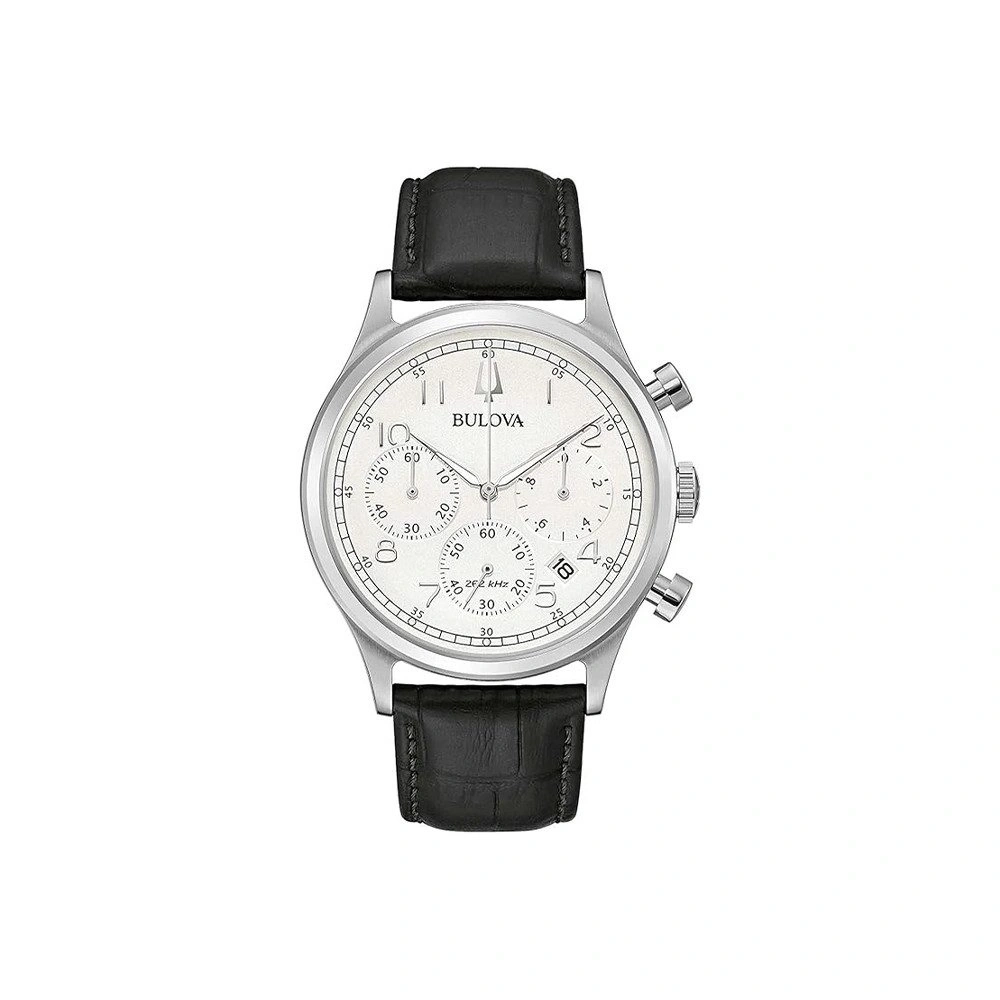 Bulova-Uhr mit schwarzem Lederarmband und weißem Zifferblatt, Chronograph