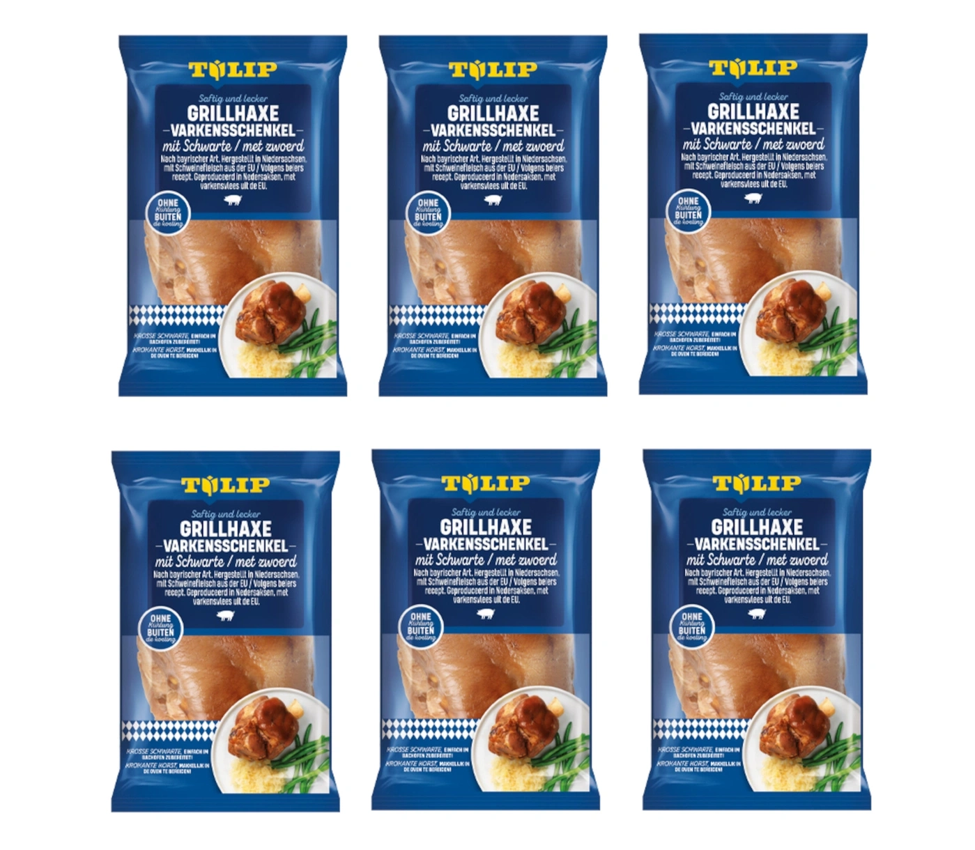 Sechs Packungen Grillhaxe mit Schwarte von Tulip, ohne Kühlung.