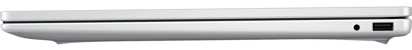Nahaufnahme eines weißen Laptops mit USB-Anschluss und Kopfhörerbuchse