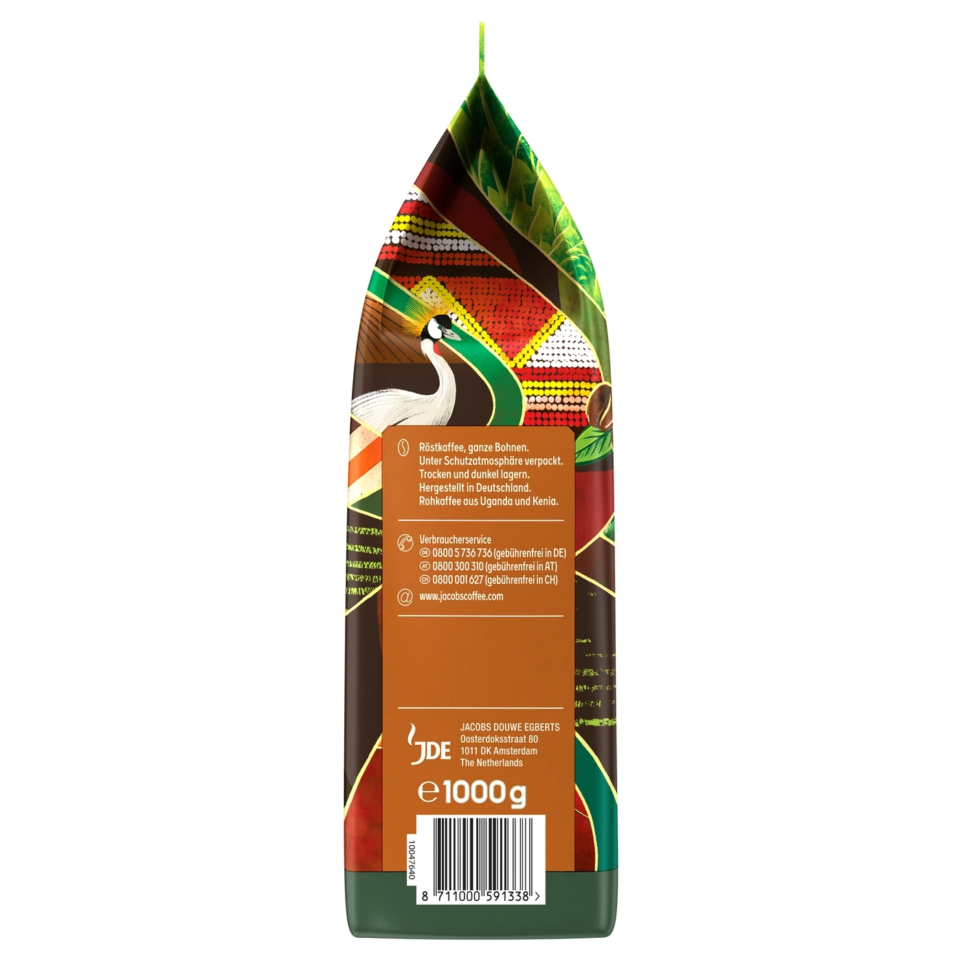 Kaffeepackung mit Informationen über Röstkaffee, Verbraucherservice und Barcode.