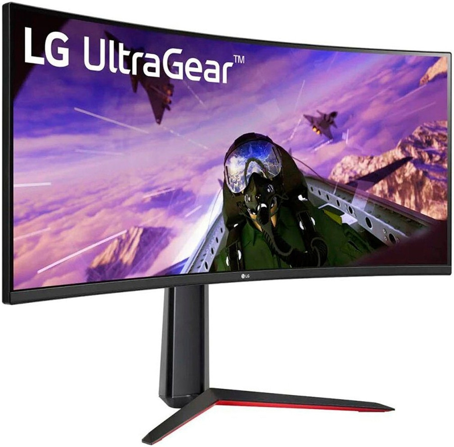 LG UltraGear Monitor mit gebogenem Bildschirm, Gaming-Monitor, schwarzer Ständer, roter Akzent