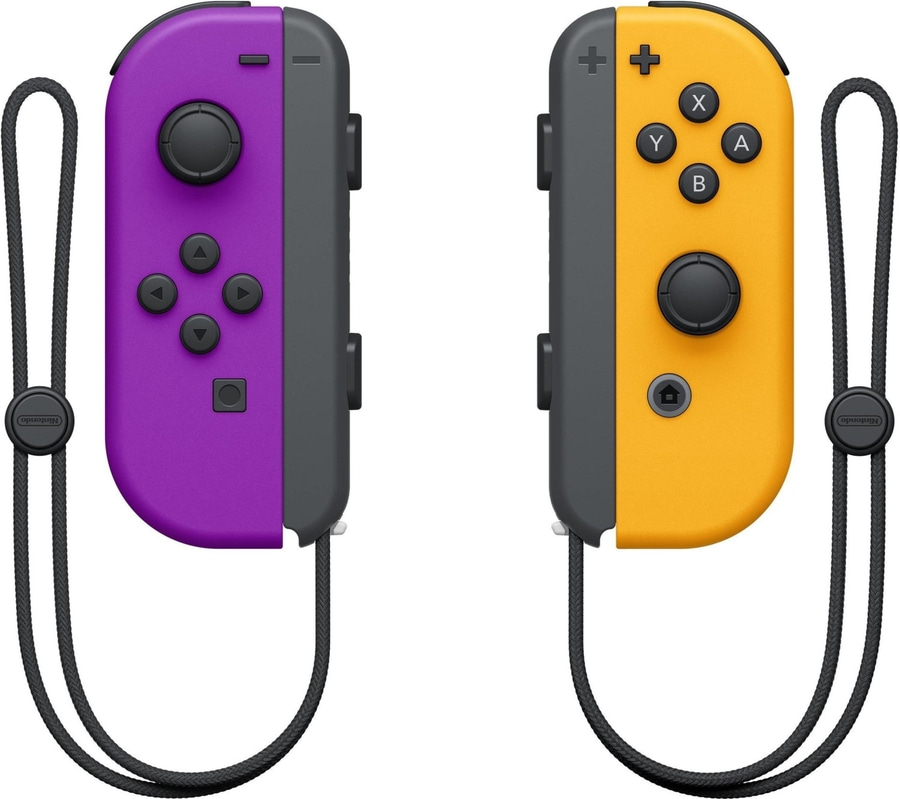 Zwei Nintendo Switch Joy-Con-Controller in Lila und Gelb mit schwarzen Trägern.
