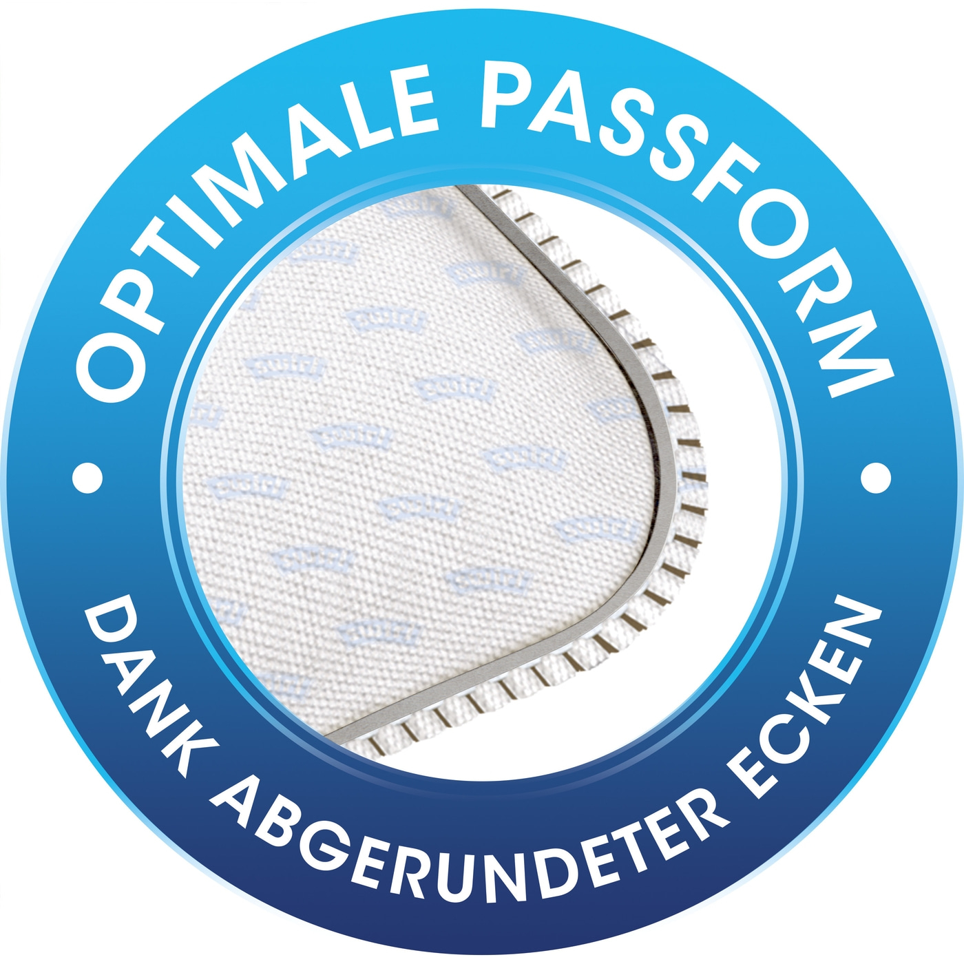 Blauer Kreis mit Text: Optimale Passform, Dank abgerundeter Ecken