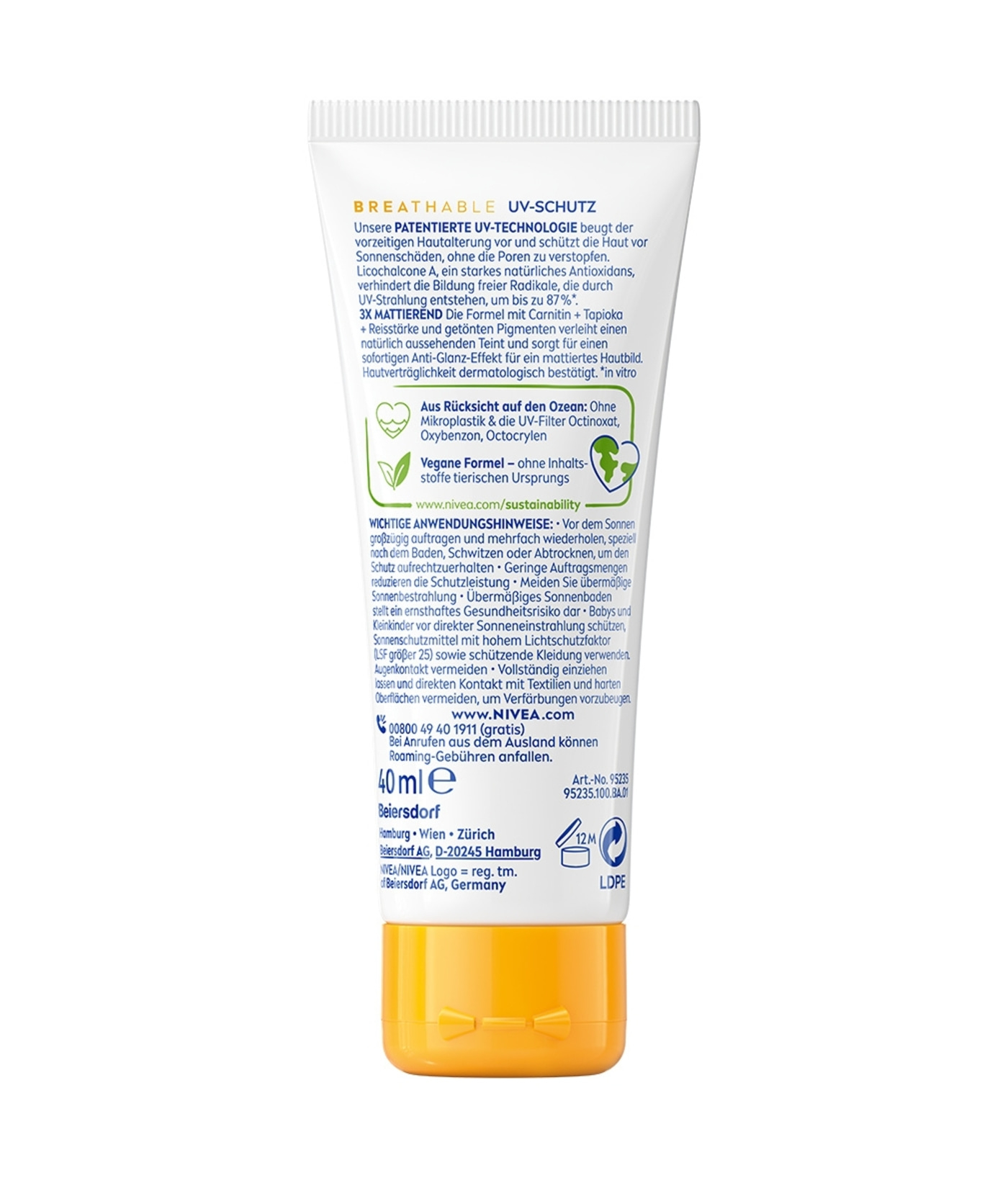 Tube Nivea Sonnencreme LSF 50 mit UV-Schutz und veganer Formel, 40 ml