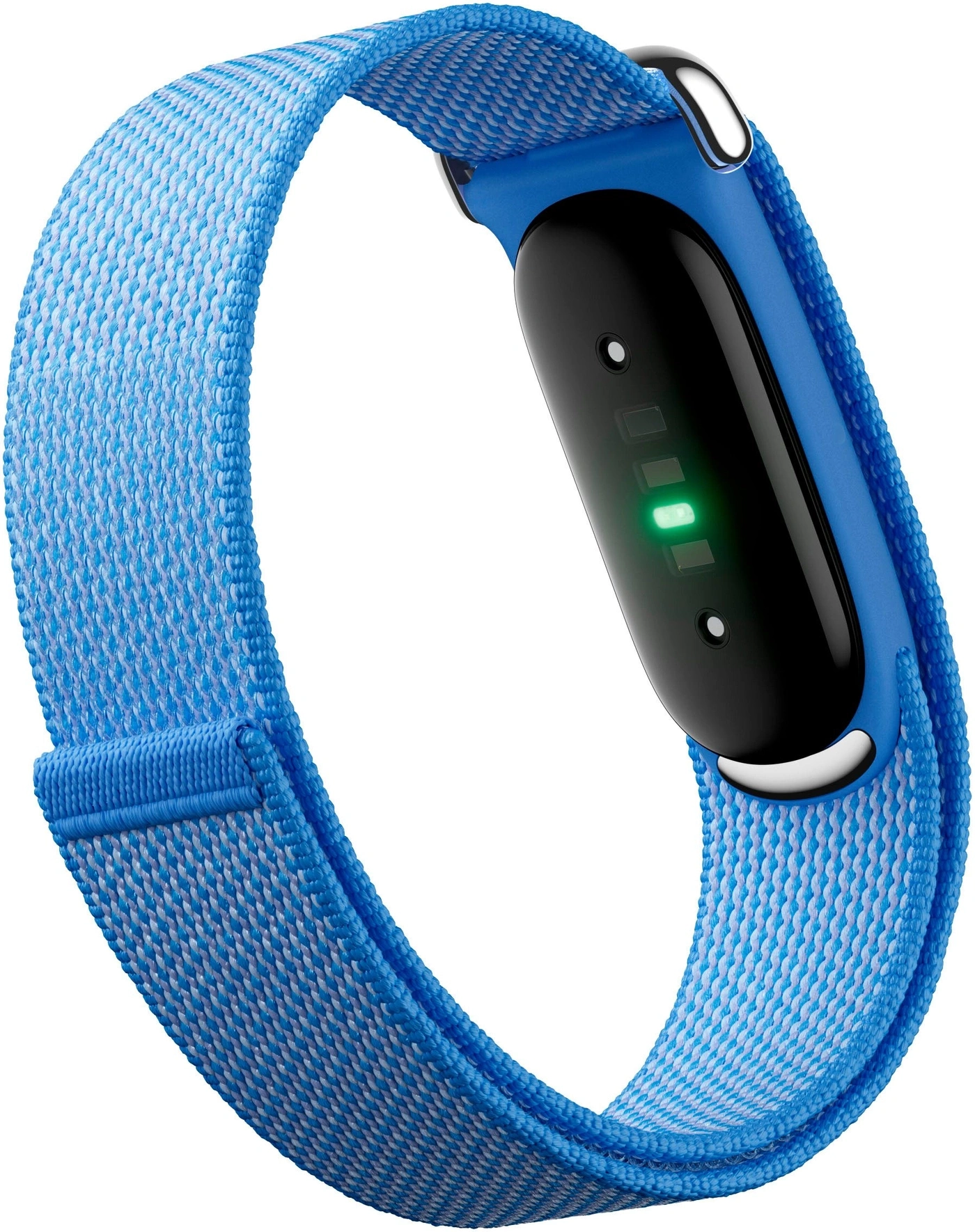 Ein blaues Armband mit einem schwarzen Display mit grüner Anzeige