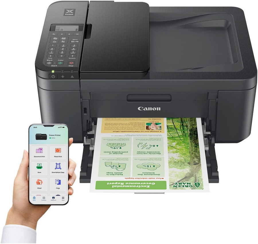 Canon-Drucker mit Smartphone-App, die verschiedene Druckoptionen anbietet.