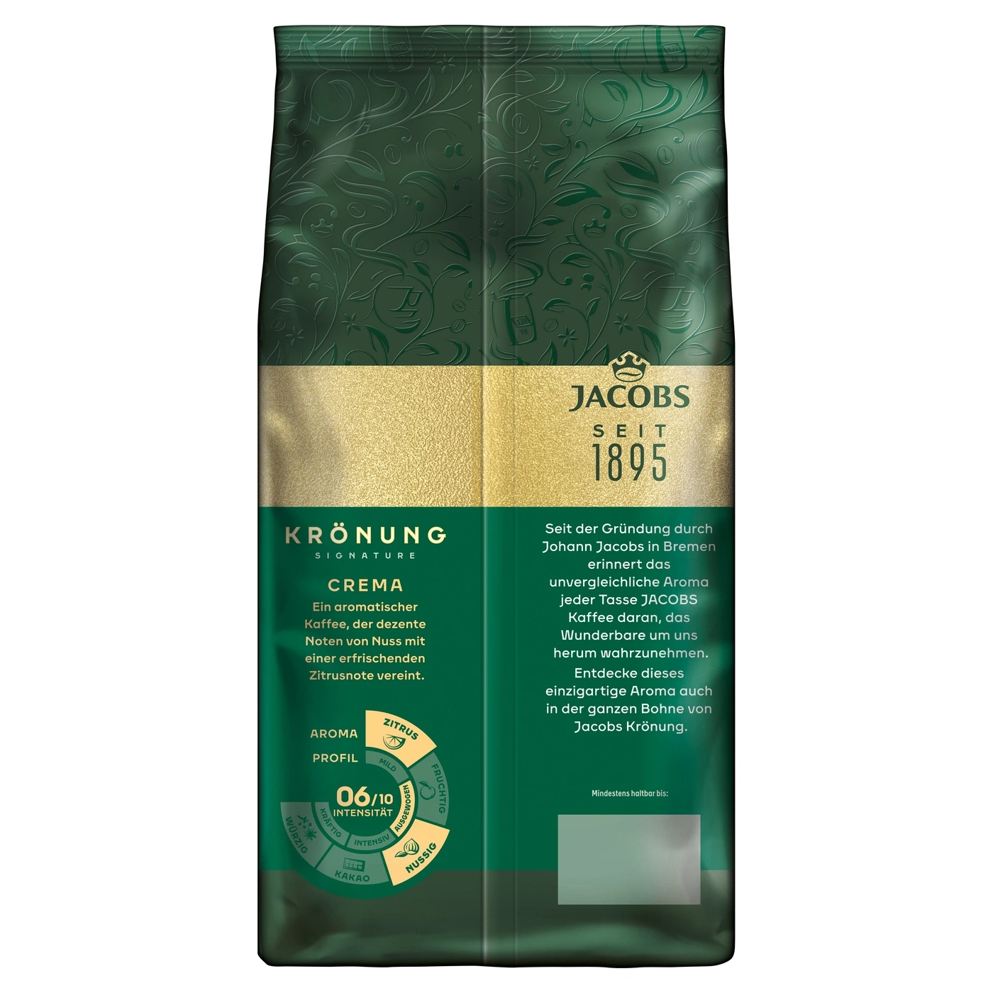 Grüne Kaffeeverpackung mit goldenem Jacbos Krönung Schriftzug.