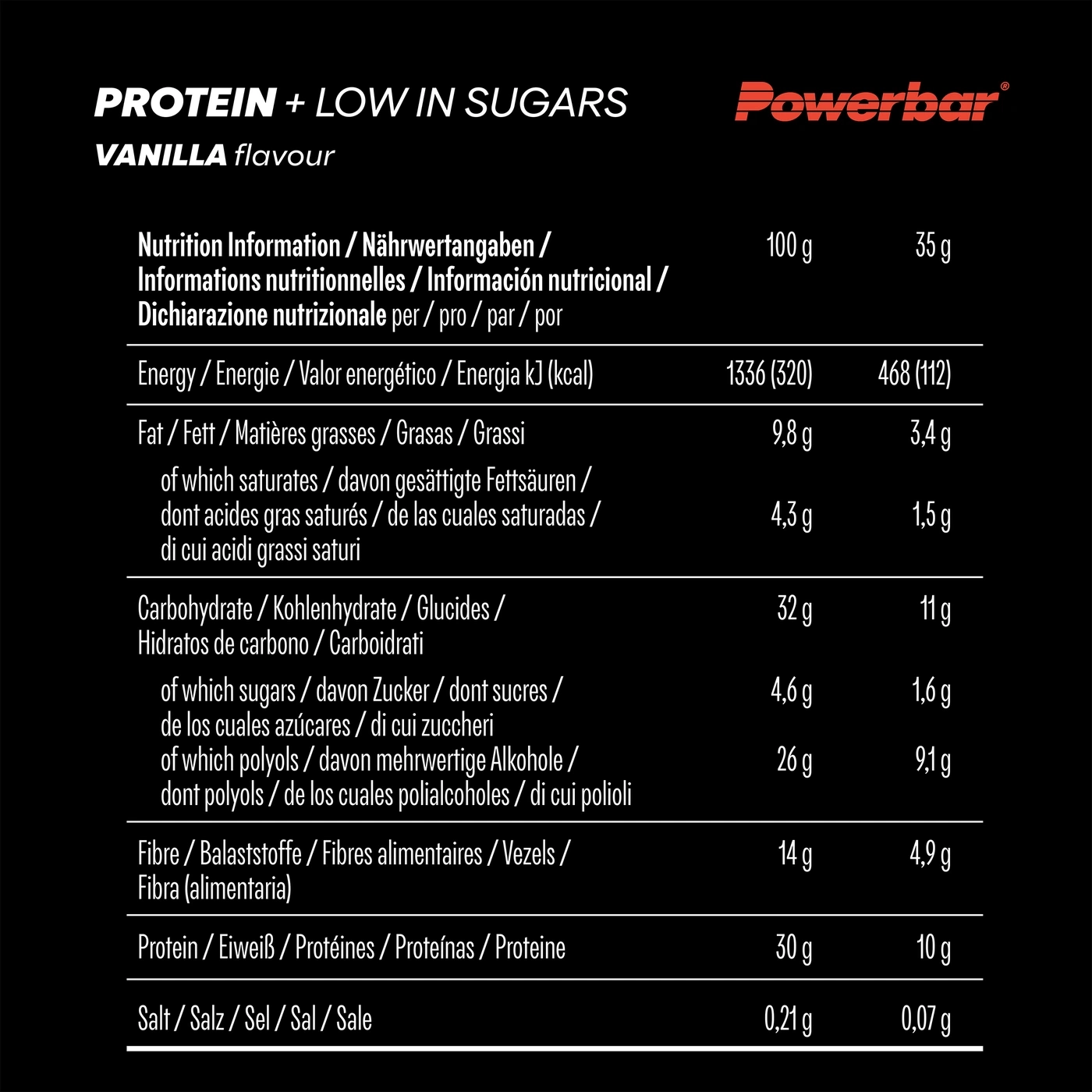 Nährwertangaben für Powerbar Protein + Low in Sugars Vanilla, 100g und 35g.