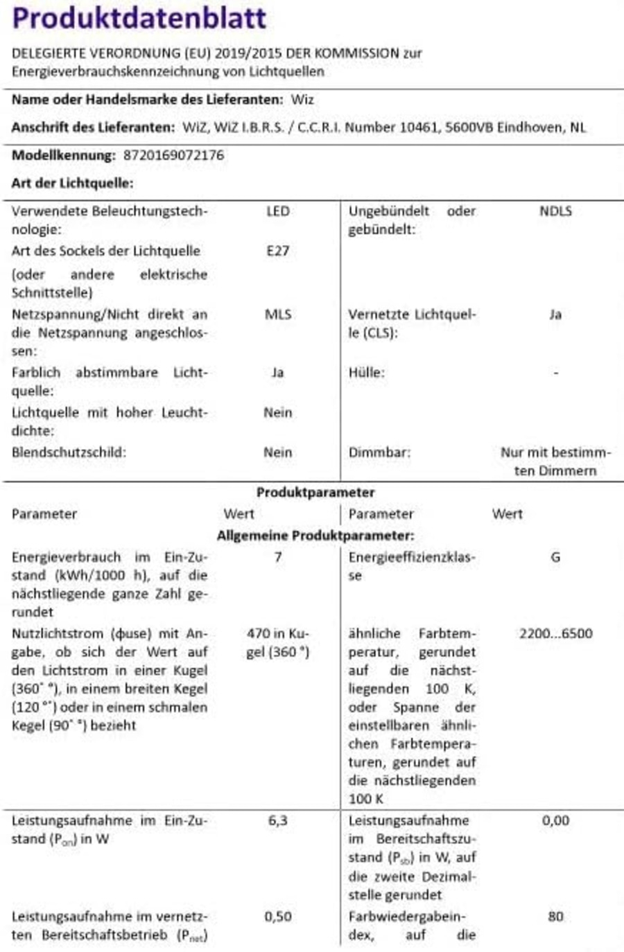 Produktdatenblatt: LED-Leuchte mit technischen Daten und Energieeffizienzklasse G.