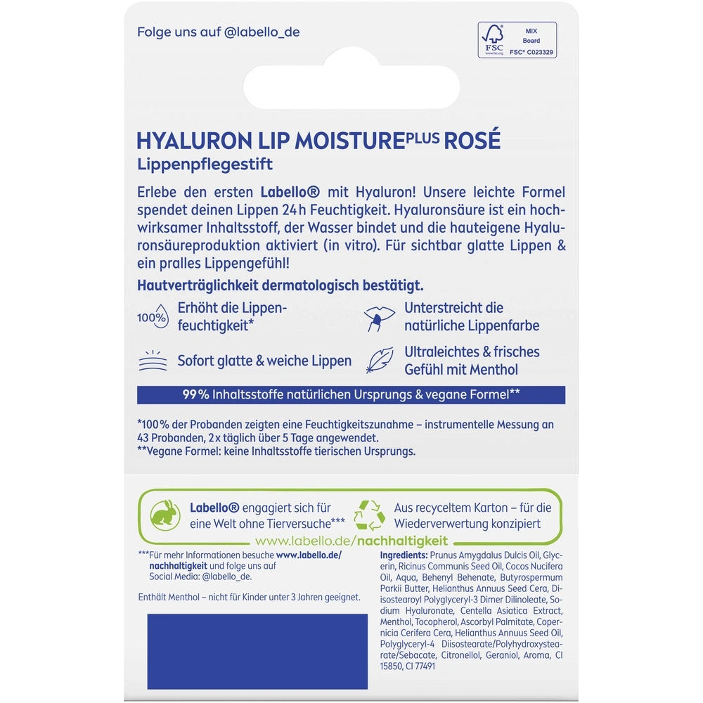 Labello Lippenpflegestift mit Hyaluron, 24h Feuchtigkeit, glatte Lippen, Menthol