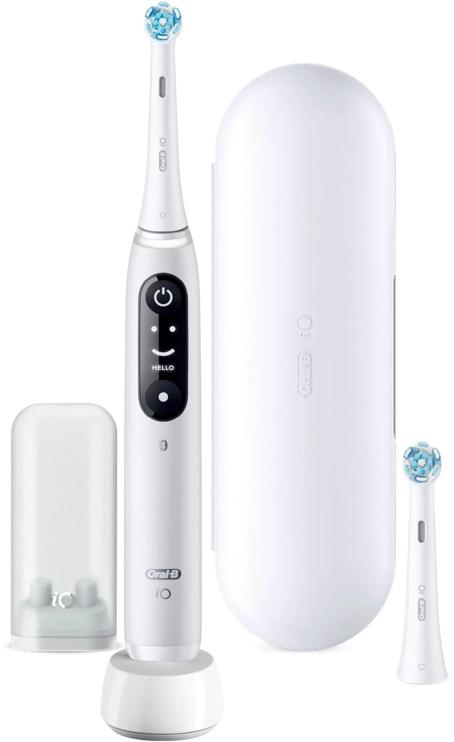 Ein weißes Oral-B iO Elektrozahnbürsten-Set mit Ladestation und Reiseetui.