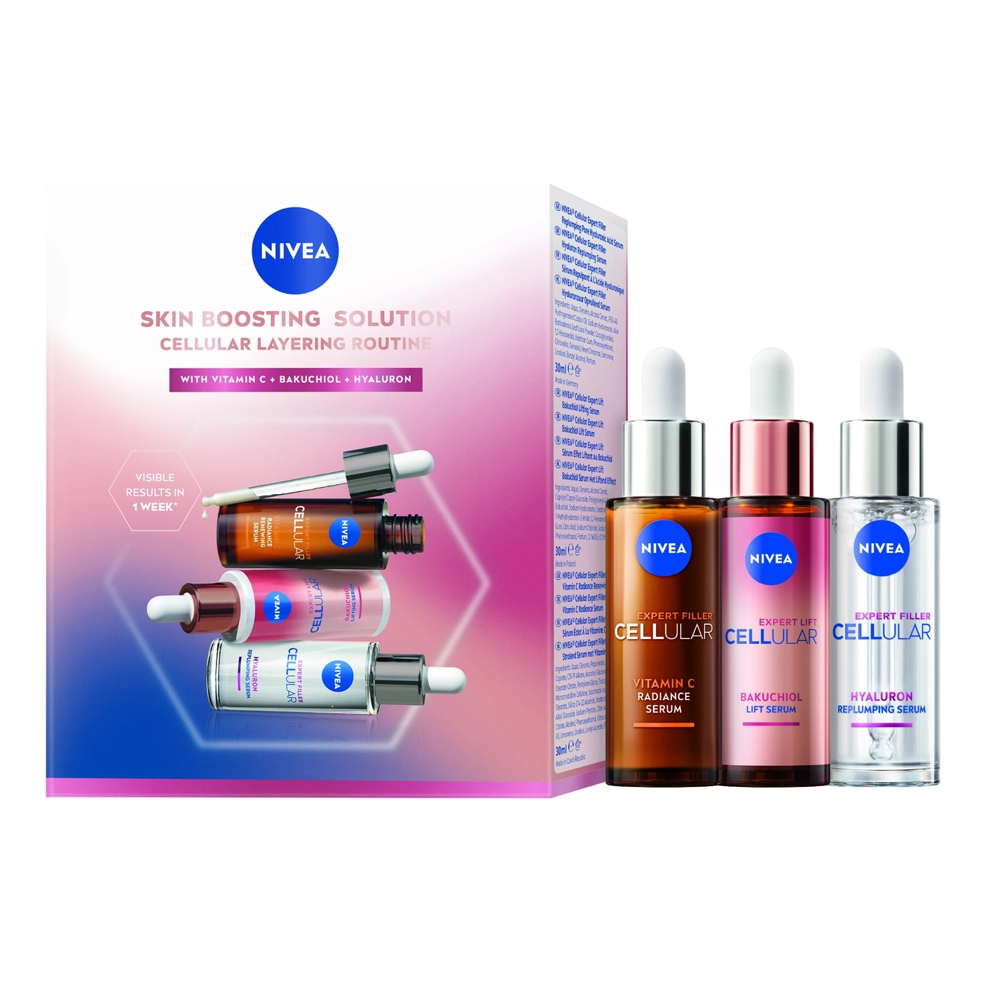 Nivea Cellular Expert Filler Serum Trio mit Vitamin C, Bakuchiol und Hyaluron