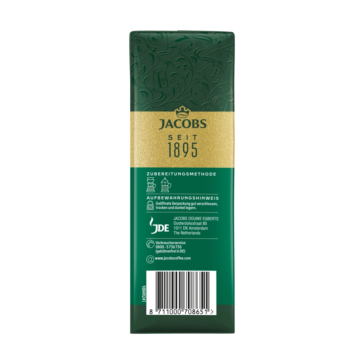 Jacobs Kaffee Verpackung mit Zubereitungshinweisen und Firmenadresse.