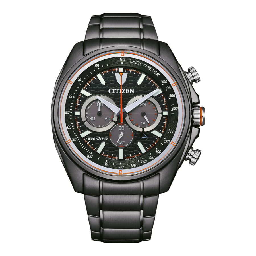 Schwarze Citizen-Uhr mit Tachymeter, Eco-Drive und Chronographen-Funktionen. Sportliches Design.