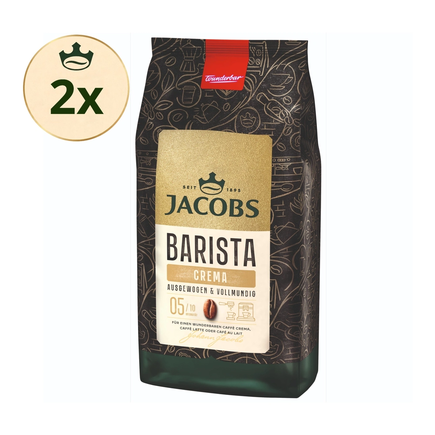 Tüte Jacobs Barista Crema Kaffee mit 2x Logo.