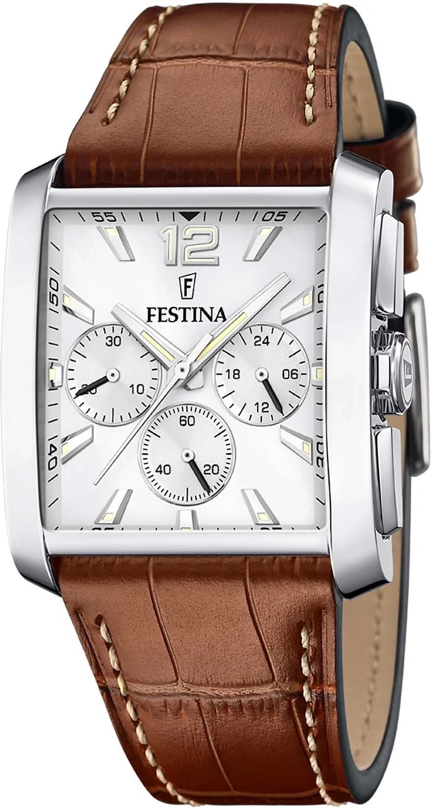 Festina Herrenuhr mit braunem Kroko-Lederarmband und silbernem Gehäuse.