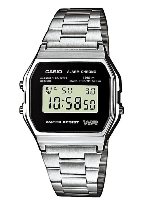 Casio-Uhr mit digitaler Anzeige, Alarmfunktion, Chrono und Wasserfestigkeit.