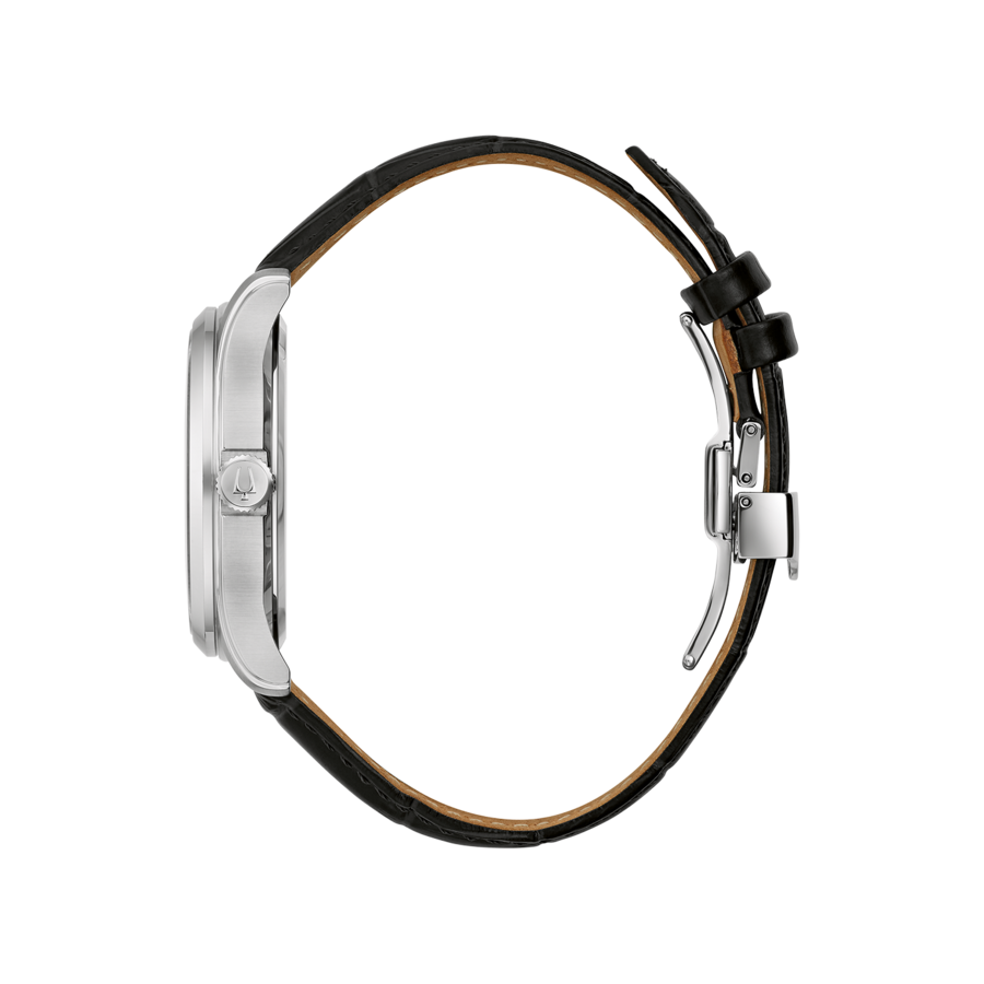 Uhr mit Lederarmband, silbernem Gehäuse und schwarzem Zifferblatt, Seitenansicht