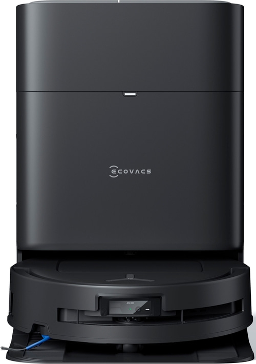Schwarzer Roboter-Staubsauger mit ECOVACS-Logo und AIVI 3D-Technologie.