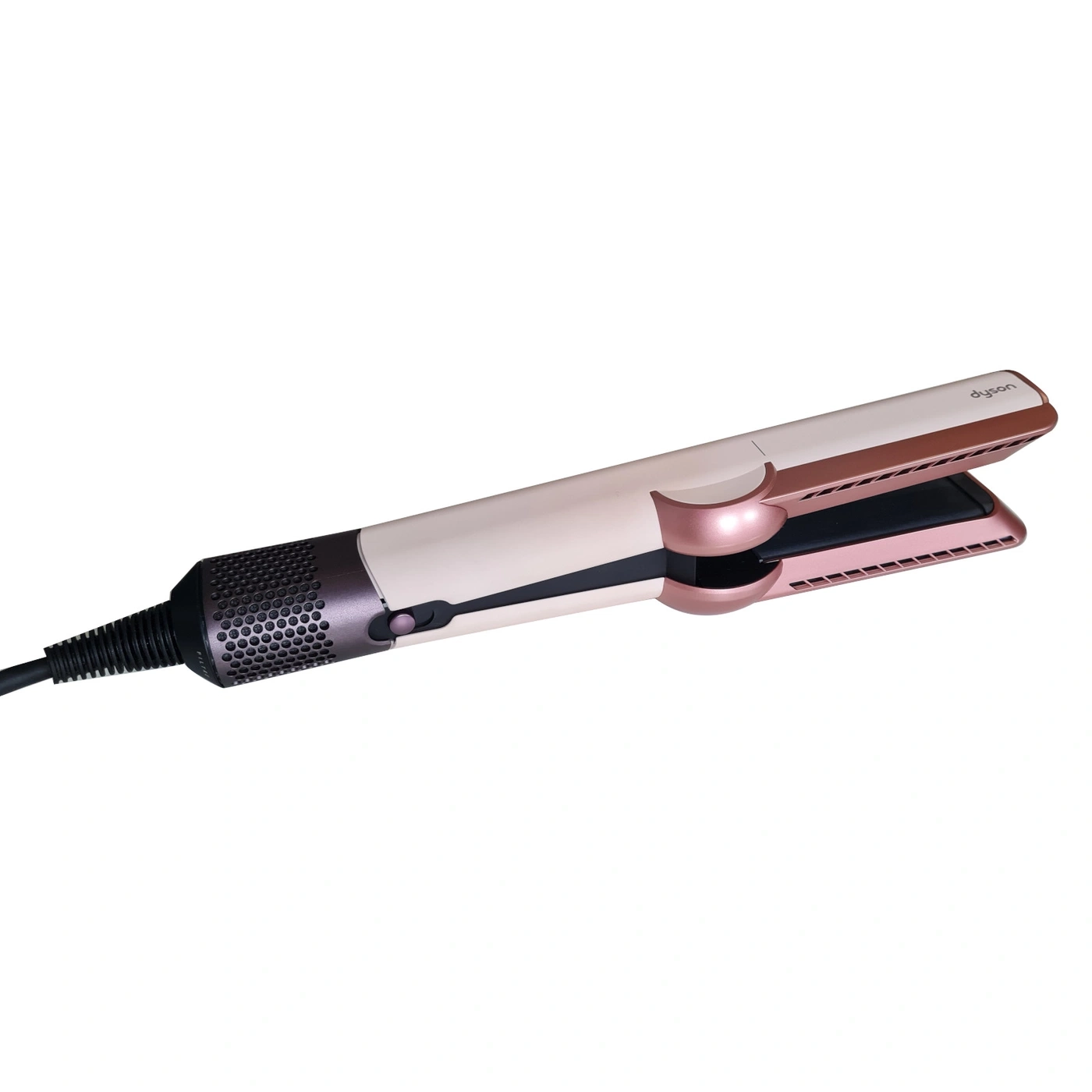Ein rosa und weißer Dyson Glätteisen mit schwarzem Kabel und perforiertem Griff.