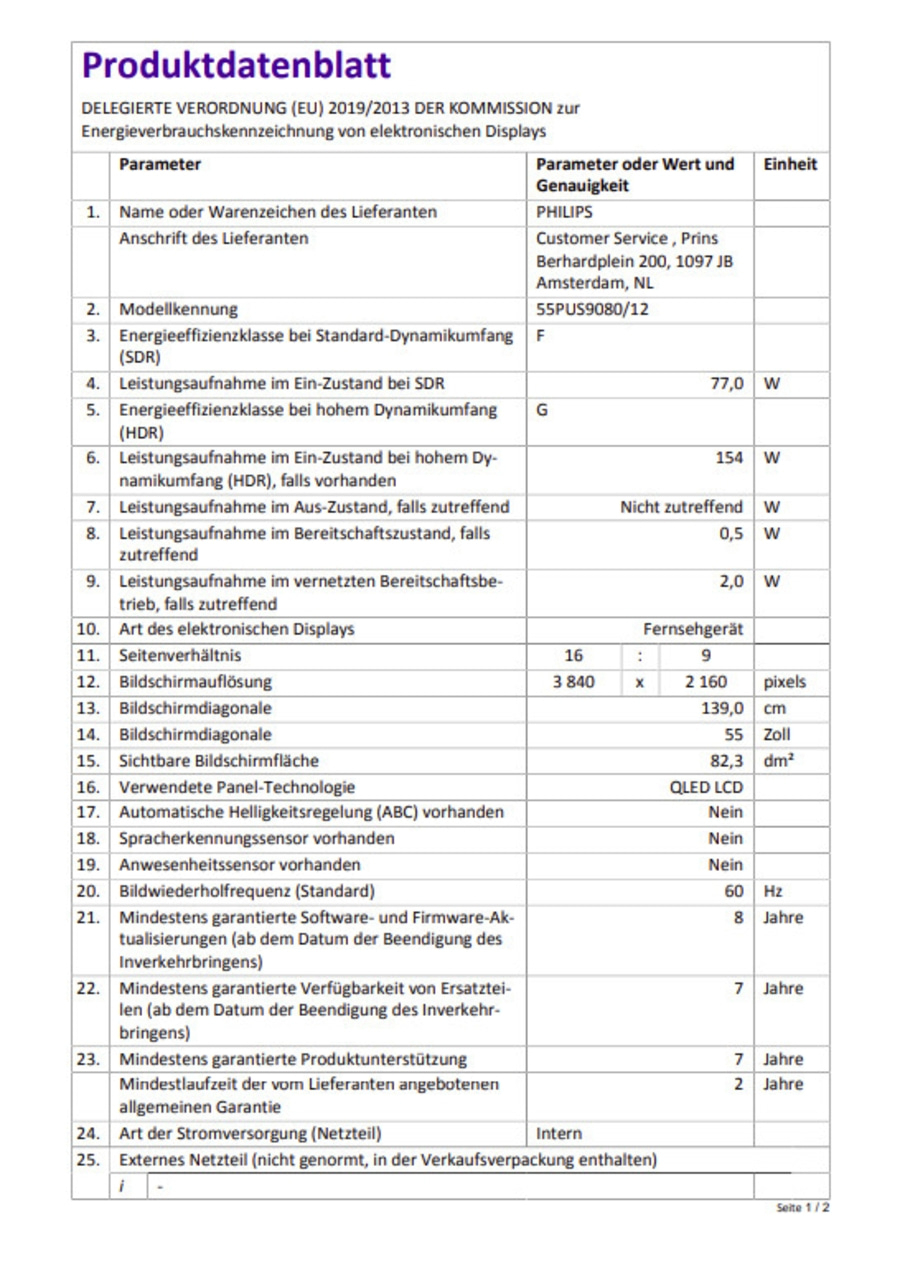 Produktdatenblatt elektronischer Displays mit Energieverbrauchskennzeichnung.