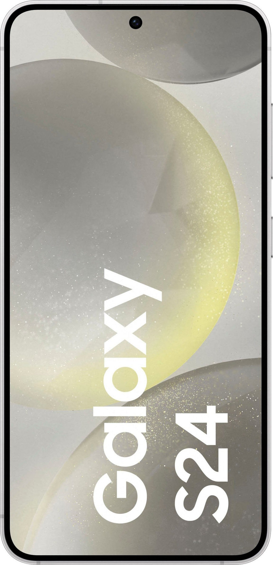Samsung Galaxy S24 Smartphone, hellgrauer Hintergrund, Frontkamera, weißer Rahmen
