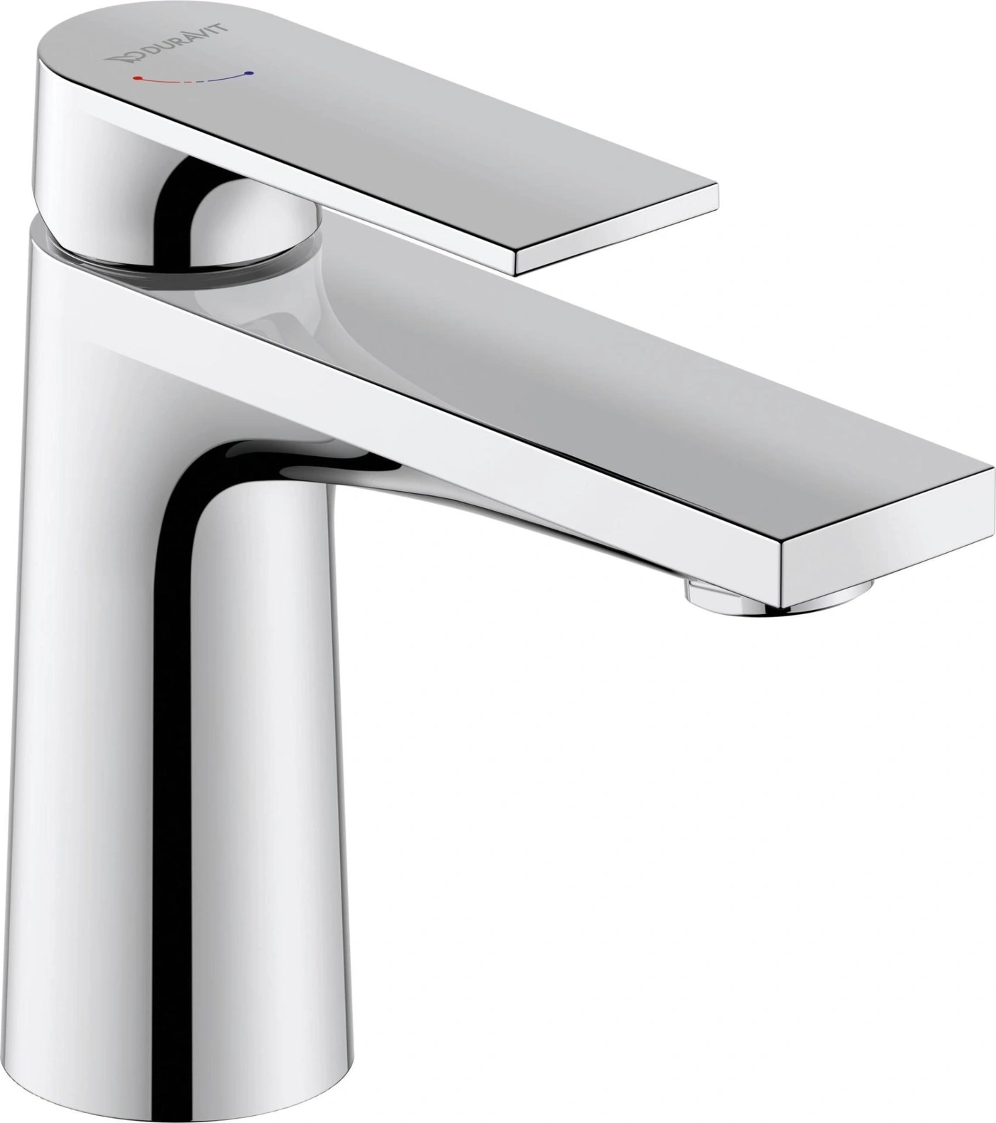 Chrom-Wasserhahn, modernes Design, glänzende Oberfläche, Badezimmerarmatur, Duravit-Logo