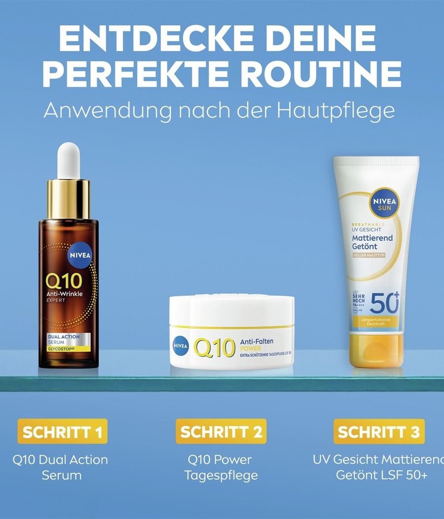 Nivea Q10 Produkte für die perfekte Hautpflege-Routine: Serum, Tagespflege und getönte LSF 50 Sonnencreme.