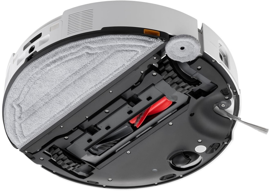 Roboter-Staubsauger von unten gesehen, mit Wischfunktion und Bürsten.