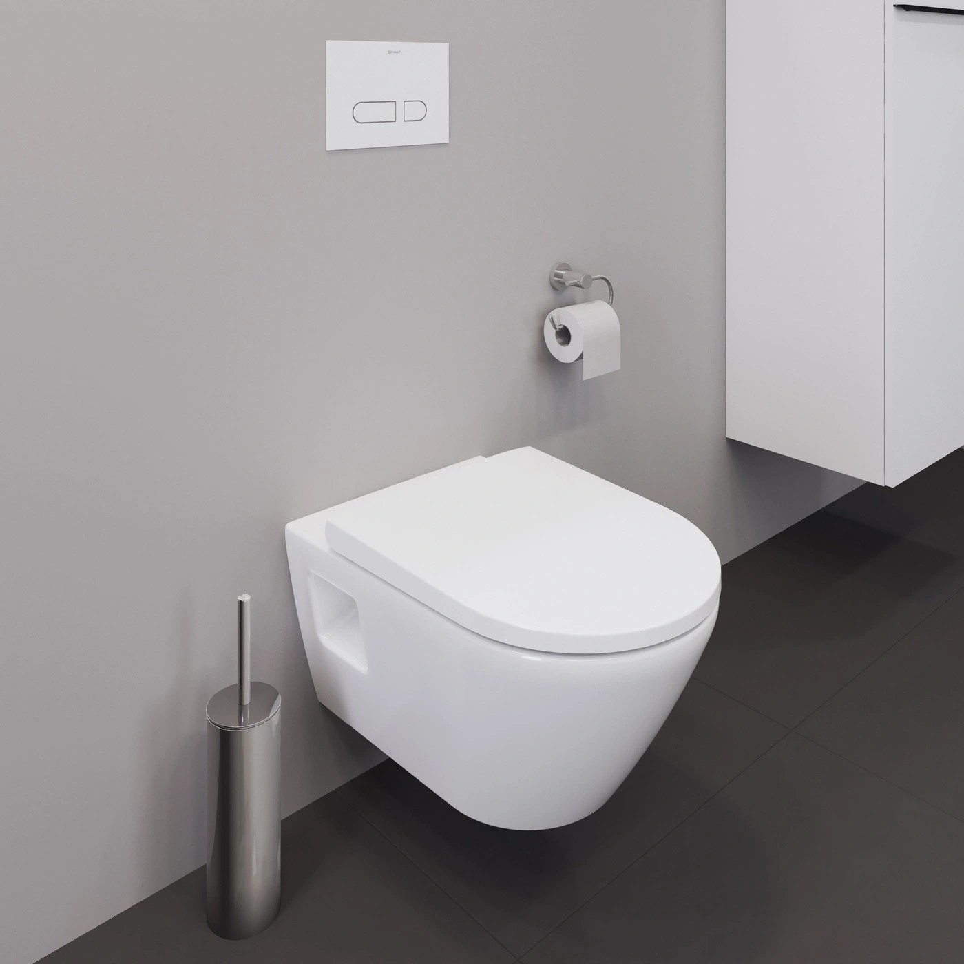 Hängendes WC mit Toilettenpapierhalter und Toilettenbürste in einem modernen Badezimmer