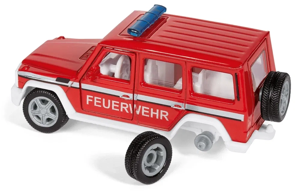 Rotes Spielzeug-Feuerwehrauto mit Blaulicht und Ersatzrad