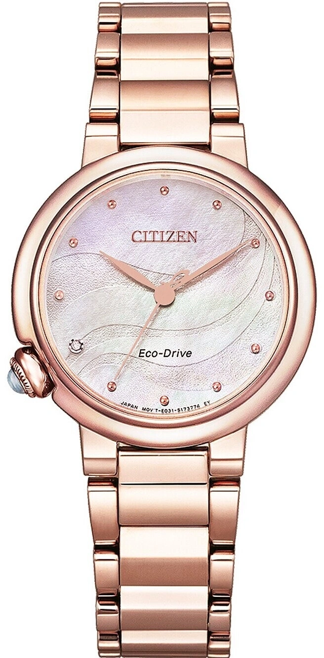 Eine roségoldene Citizen Eco-Drive Damenuhr mit Perlmuttzifferblatt und funkelnden Akzenten.