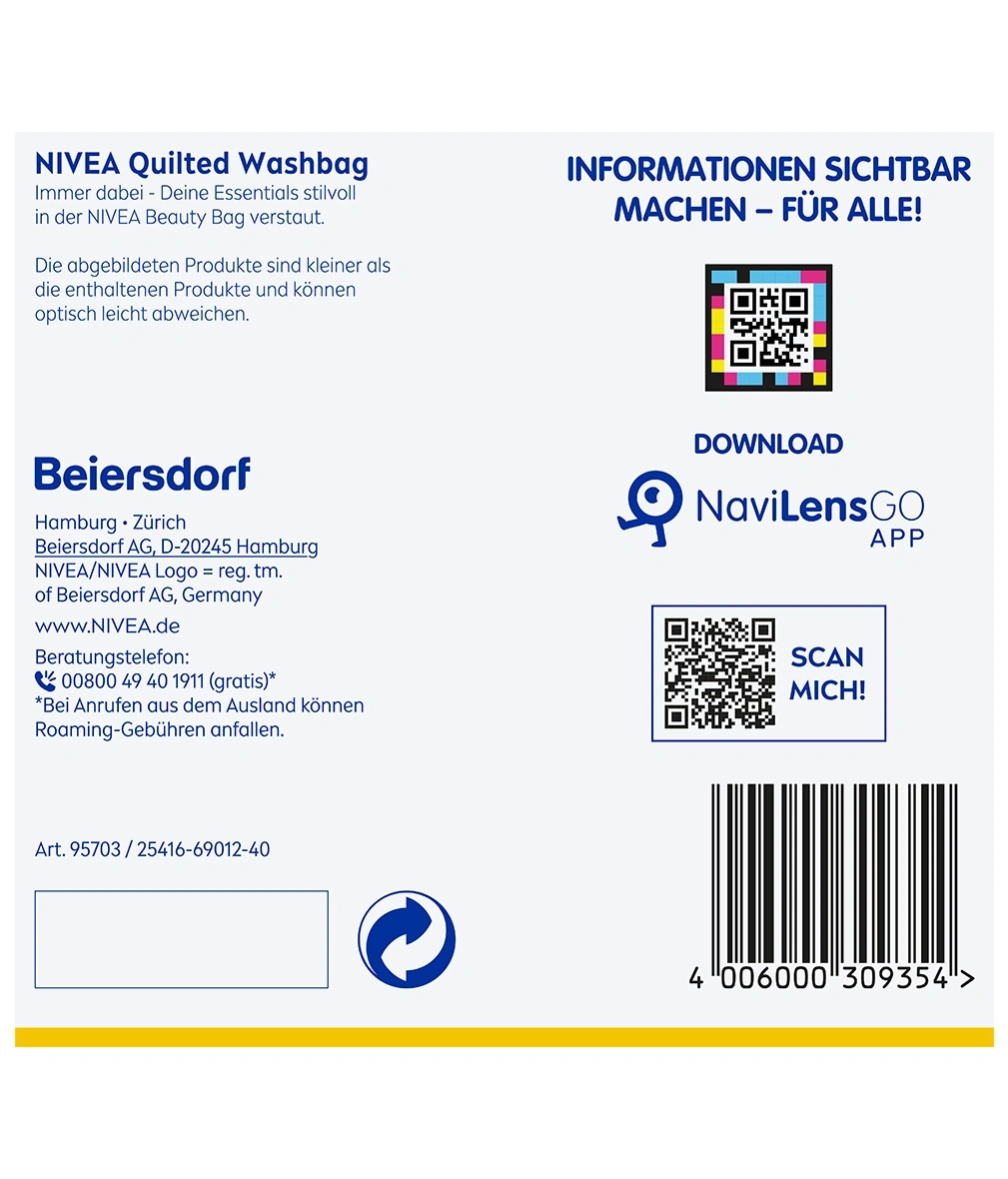 NIVEA Quilted Washbag mit Informationen und Beiersdorf Kontaktdaten