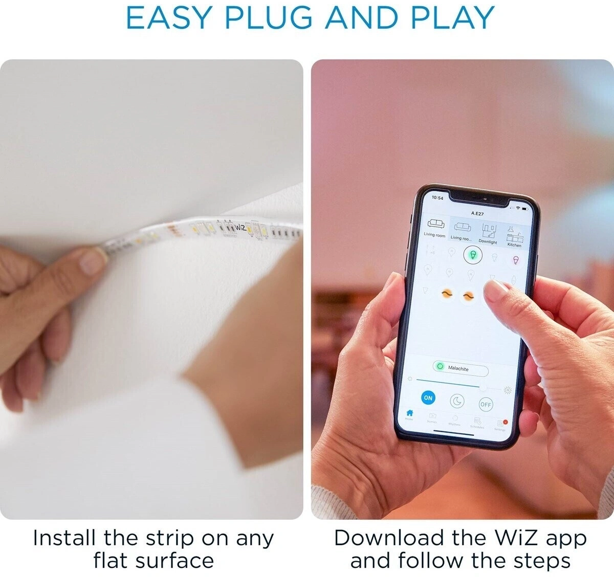 Eine Person installiert einen LED-Streifen und bedient ihn über eine App.