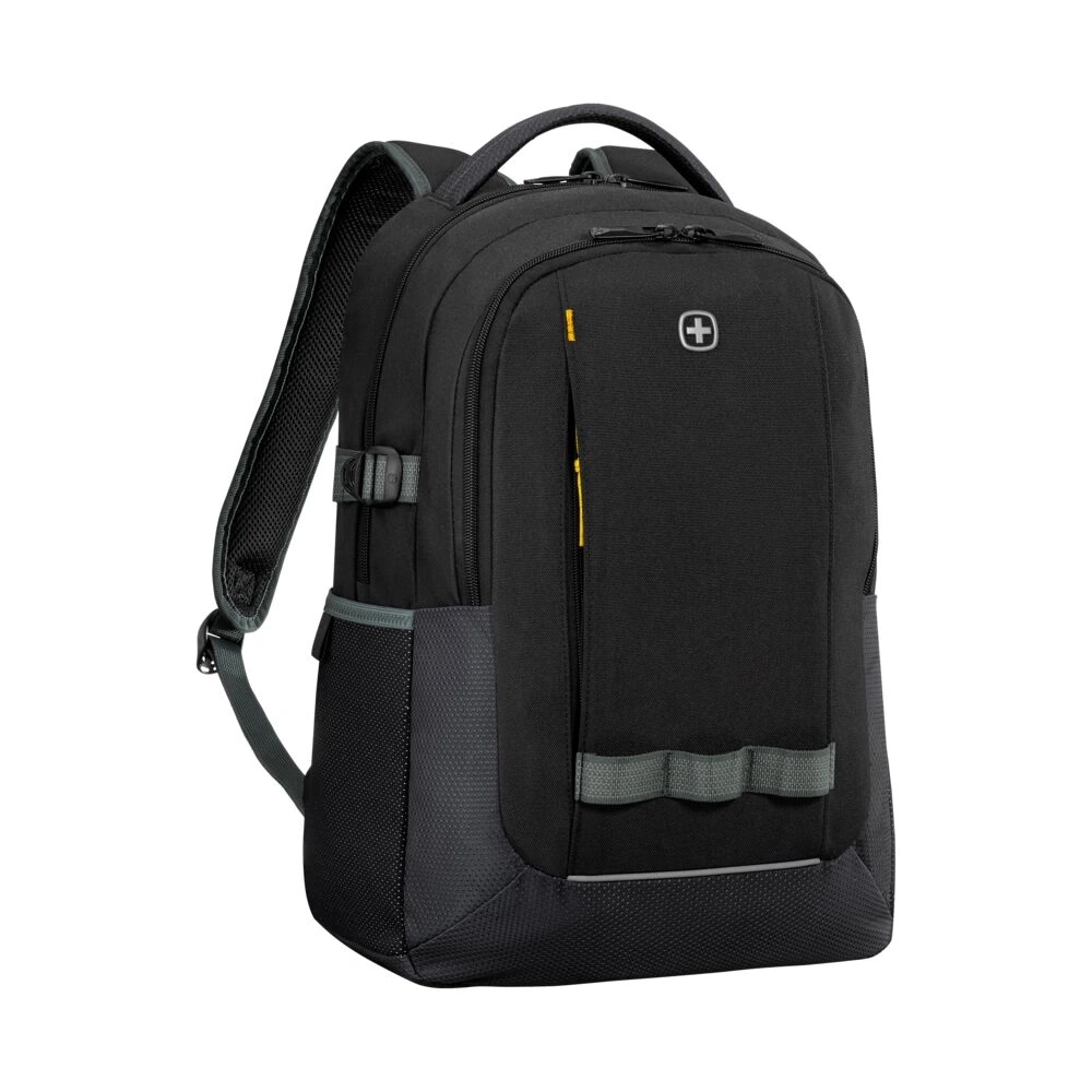 Schwarzer Rucksack mit grauem Detail und Logo, ideal für den Alltag.