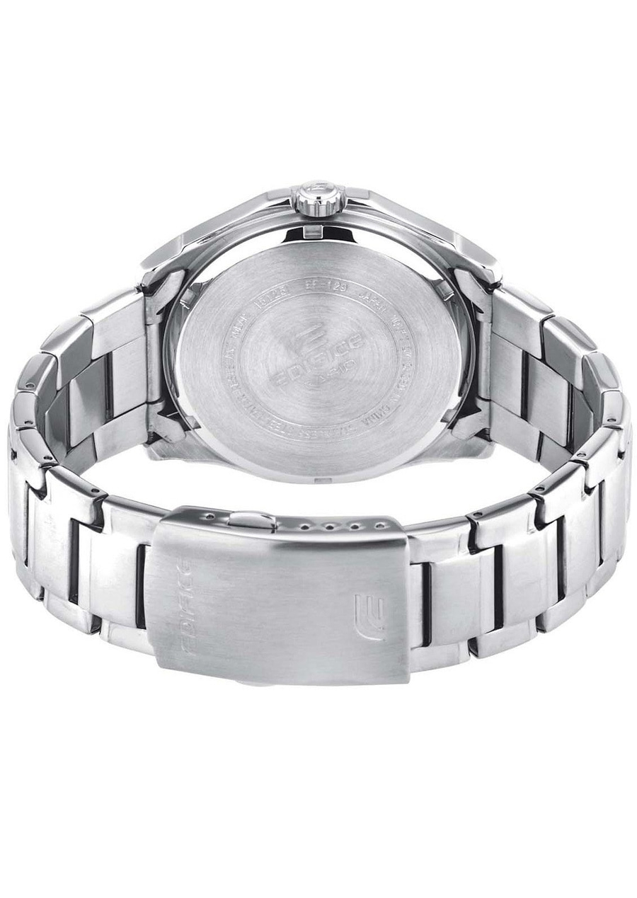 Rückseite einer silbernen Uhr mit dem Markennamen Edifice und einem Armband.