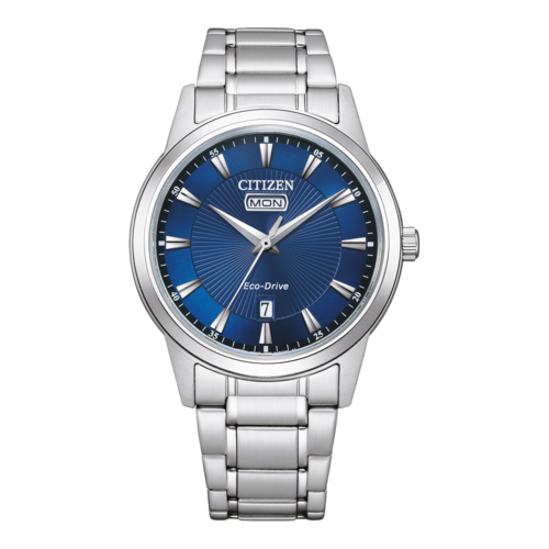 Citizen-Uhr mit blauem Zifferblatt und silbernem Armband, Eco-Drive-Technologie.