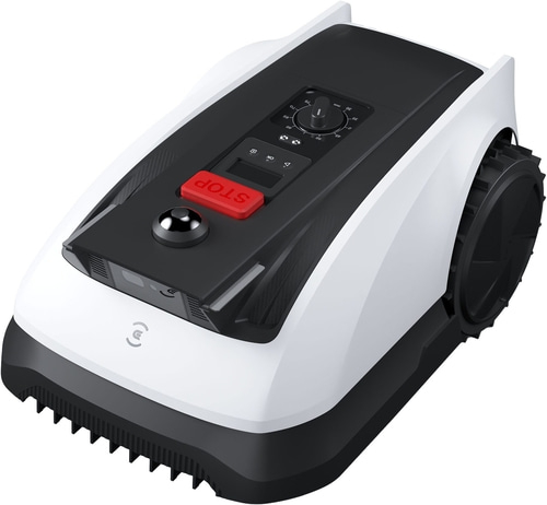 Weiß-schwarzer Rasenroboter mit rotem Stopp-Knopf und Bedienfeld.