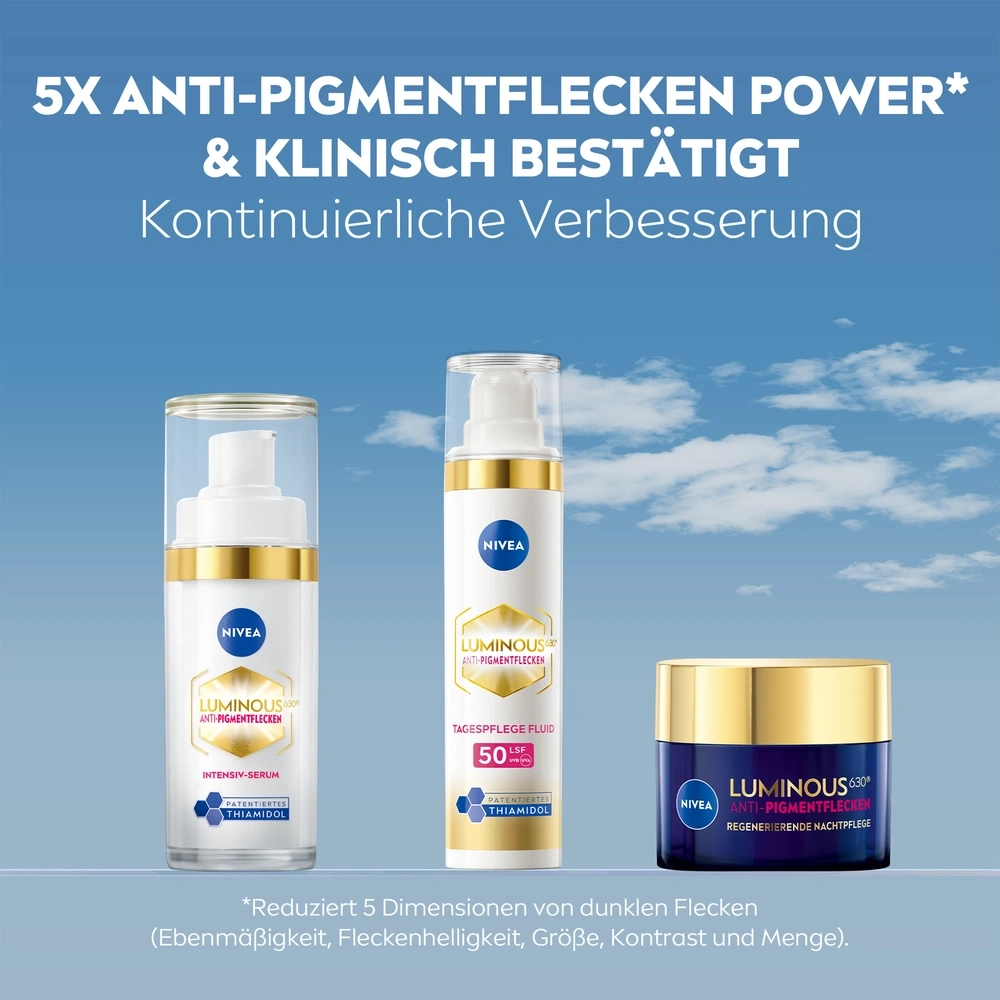 Nivea Luminous 630 Anti-Pigmentflecken Intensiv-Serum, Tagespflege Fluid und Nachtpflege.