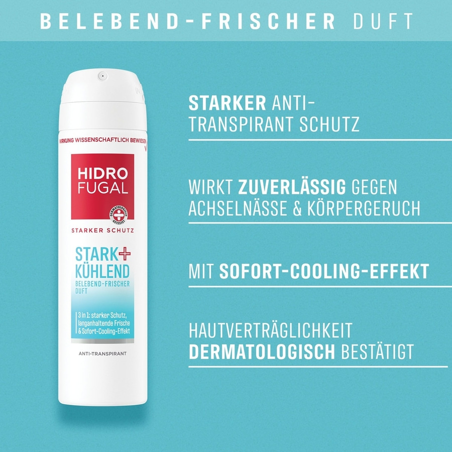 Hidro Fugal Antitranspirant, starker Schutz, kühlend, belebend-frischer Duft, dermatologisch bestätigt.