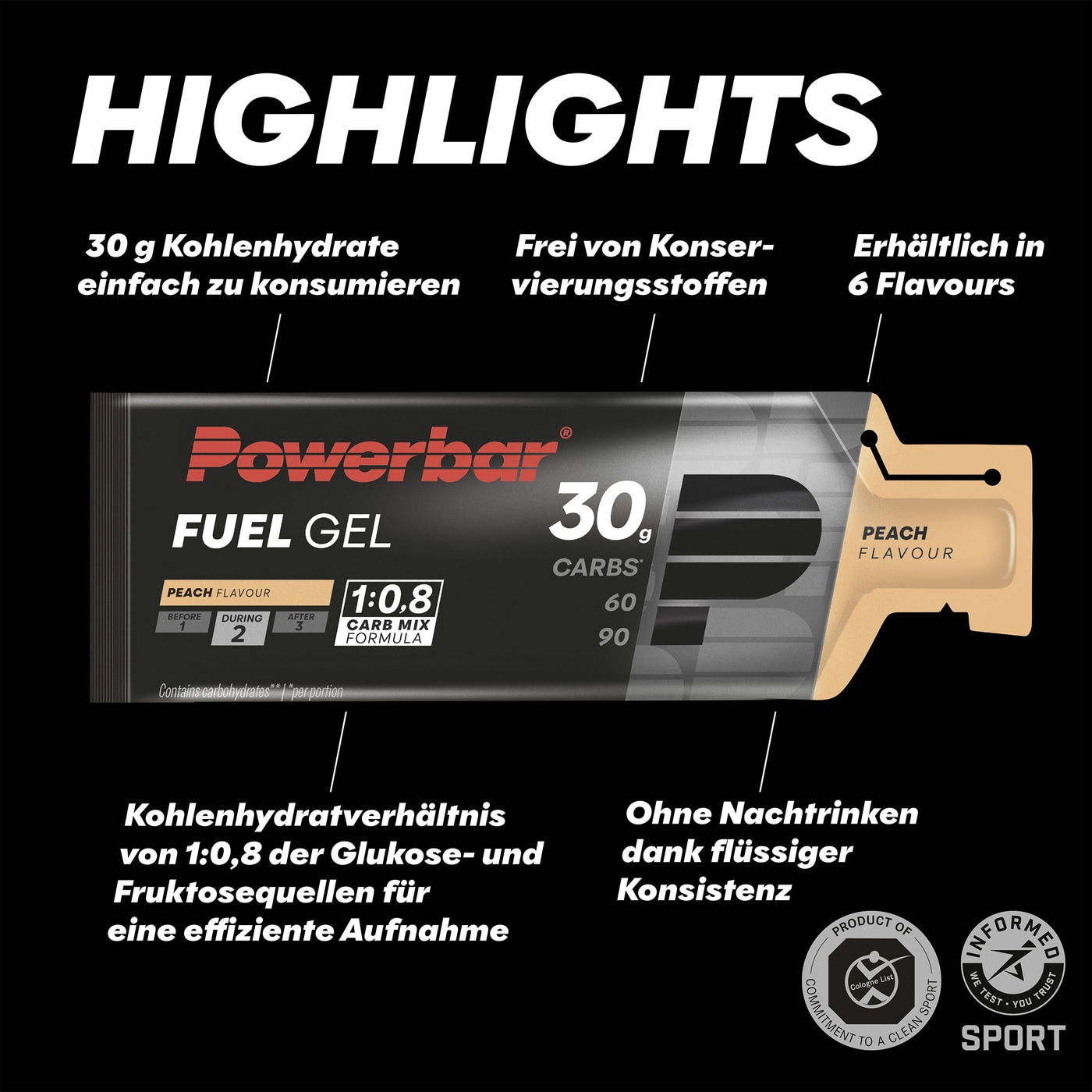 POWERBAR Kohlenhydratgel Fuel 30 Gel Black Line Peach Kohlenhydrate 12 x50 ml