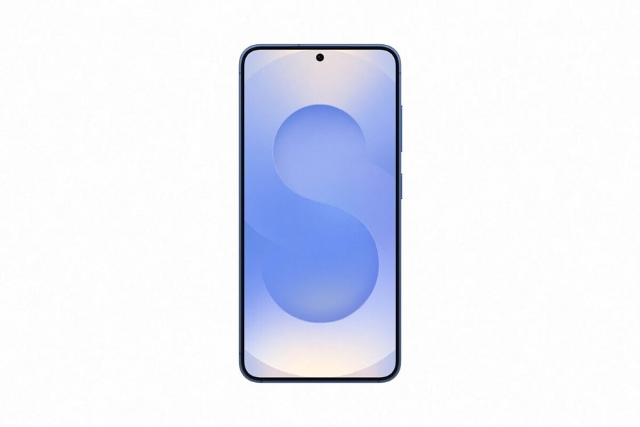 Blaues Smartphone mit S-förmigem Hintergrund auf weißem Hintergrund