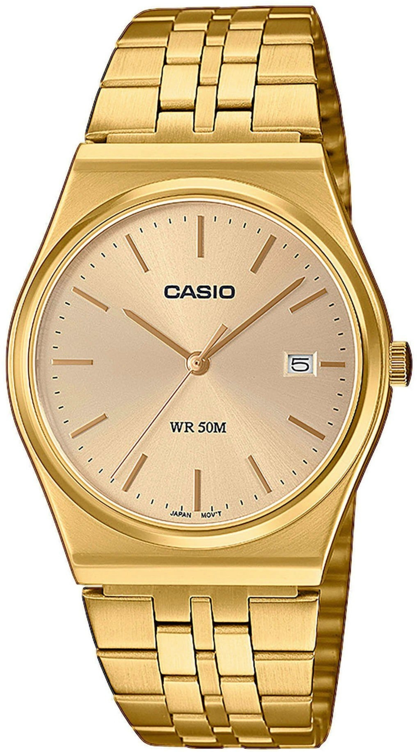 Goldene Casio-Uhr mit goldenem Armband, Zifferblatt mit Datumsanzeige und japanischem Uhrwerk.